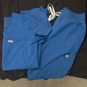 Figs Royal Blue Scrub Set with light blue Accents